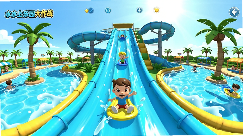 A wide-angle view of Water Park Battle (ˮ����԰����ս) gameplay, with cartoon character sliding down a giant blue water slide, surrounded by splashy pools and palm trees under bright sunshine. Colour palette: #00BFFF #FF6347 #32CD32 #FFD700 #FFFFFF