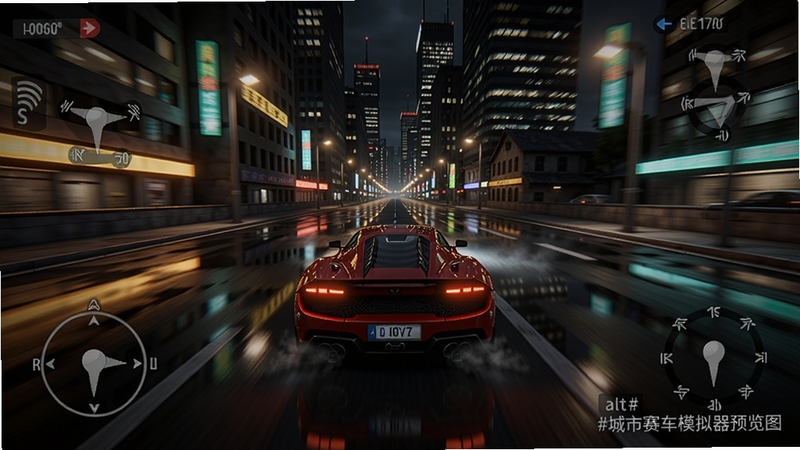 city racing simulator, a red sports car speeding on a wet night city street, neon lights reflecting on asphalt, skyscrapers in background, cinematic lighting, colour_palette #FF4500 #1A1A2E #E0E0E0 #FFD700 #2ECC71, alt=