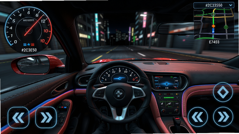 city racing simulator in-game screenshot showing speedometer, minimap and control buttons, neon dashboard, realistic car interior, colour_palette #2C3E50 #ECF0F1 #E74C3C #3498DB, alt=
