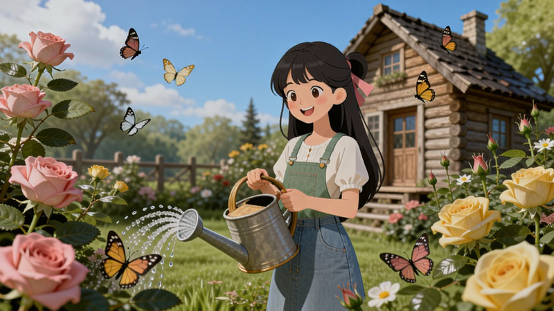 ��������������վ�ڻ�Ȼһ�µĻ�԰�У�΢Ц���ֳ���ˮ������Χ�����ŷ�ɫ�ͻ�ɫ��õ�壬�����ڻ��Լ���裬������һ�����ӵ�ľ�ݺ�տ������ա�ɫ�ʷ�������ɫ�� #FFB6C1 (õ���) �� #98FB98 (�۲���)������ɫ #FFD700 (�����) �� #87CEEB (�����)