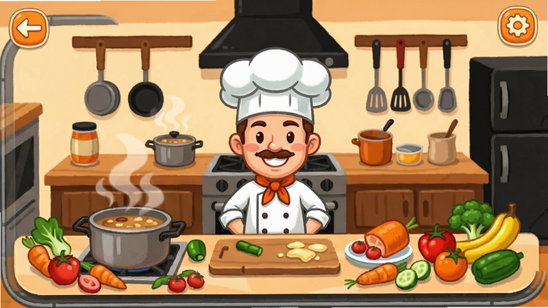 A mobile game scene of ��⿴���, with a smiling chef character standing at center coordinate, surrounded by steaming pots and colorful ingredients, kitchen background with wooden countertops and hanging utensils, colour_palette: #FF6B35, #F7C59F, #EFEFD0, #2B2B2B, #E8D5B7