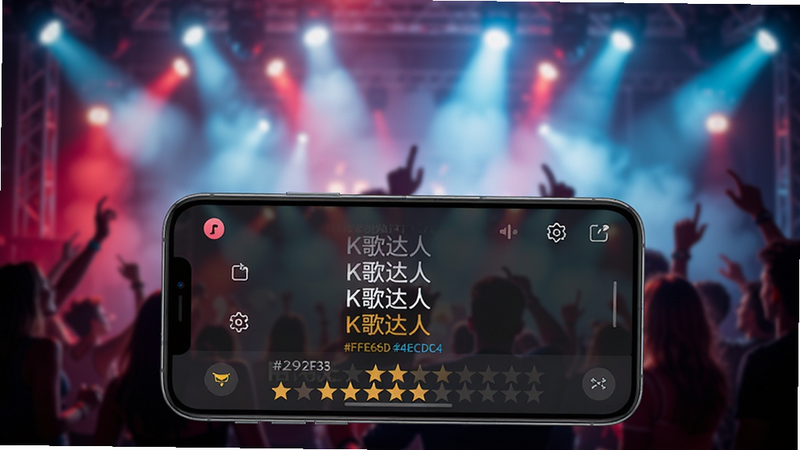 A smartphone screen displaying the K����� app interface with lyrics scrolling and real-time scoring, set against a blurred background of vibrant stage lights and party atmosphere. The phone is centered in the lower half of the image, with a colour_palette of #FF6B6B, #4ECDC4, #FFE66D, #292F36.