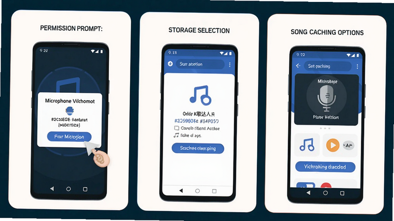 Step-by-step illustration of installing K����� on Android: showing permission prompt for microphone, storage selection, and song caching options. The image has a clean tutorial style with a colour_palette of #2C3E50, #3498DB, #ECF0F1, #E74C3C.
