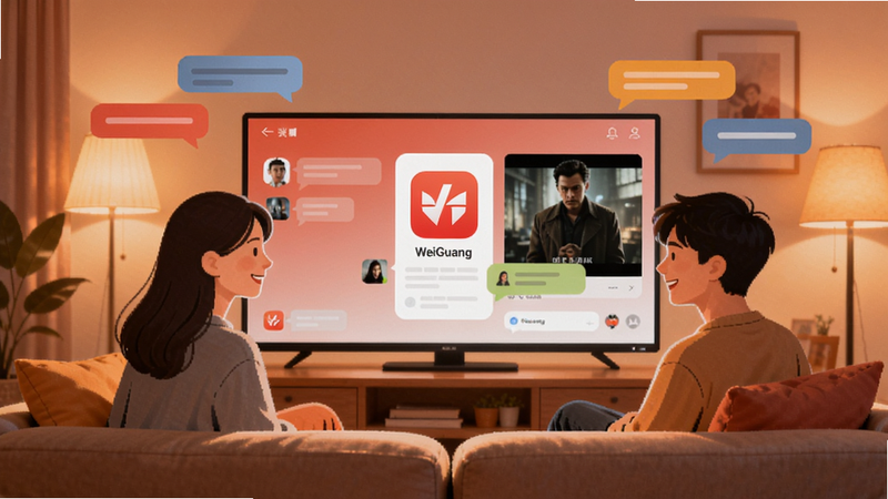 A cozy living room scene with two young people sitting on a couch, smiling at a large glowing screen showing the WeiGuang app interface, with floating chat bubbles and a movie playing. The room has warm lighting. Colour palette: #1A1A2E, #E94560, #F5A623, #F0F0F0. Coordinates: screen in center, characters on left and right.
