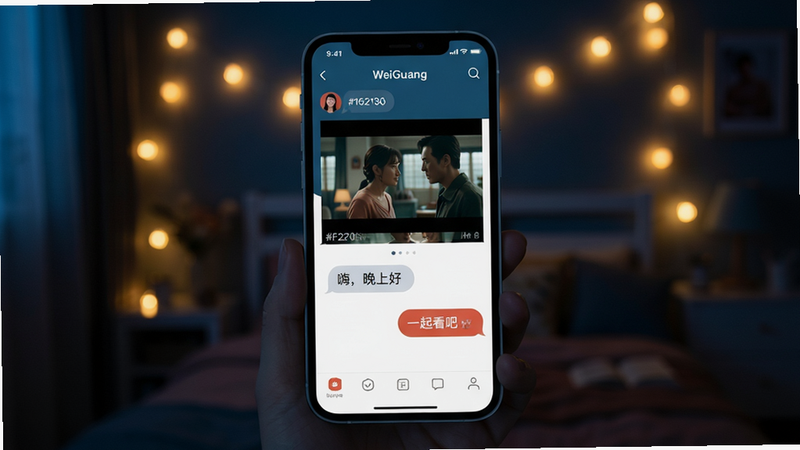 A smartphone screen showing the WeiGuang app interface with a movie playing and two chat bubbles saying 