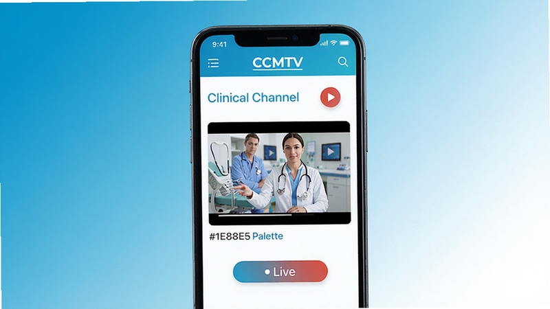 A smartphone screen displaying CCMTV clinical channel app with medical video thumbnails and a 'Live' button, placed at center, background gradient blue and white, colour_palette: #1E88E5, #FFFFFF, #BBDEFB
