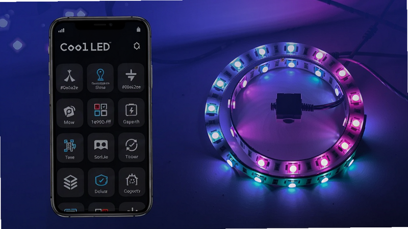 ����������һ���ֻ���Ļ��ʾCoolLED�����棬�Ҳ�Ϊ����LED�ƴ���ϳ�Բ�Σ�����Ϊ��������ɫ��colour_palette: #0a0a2e, #1e90ff, #ff00ff, #ffffff, #00ffff������ideogram-4ģ�����ɡ�