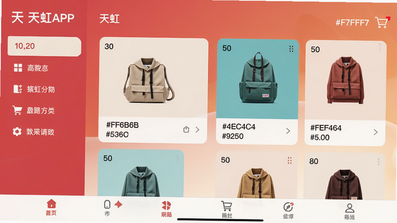 ���APP������չʾ��Ʒ����͹��ﳵ������Ϊůɫ�����䣬���꣺��ർ����(10,20)��������Ʒչʾ��(30,50)���ײ��˵�(0,80)����ɫ������#FF6B6B, #4EC4C4, #F7FFF7