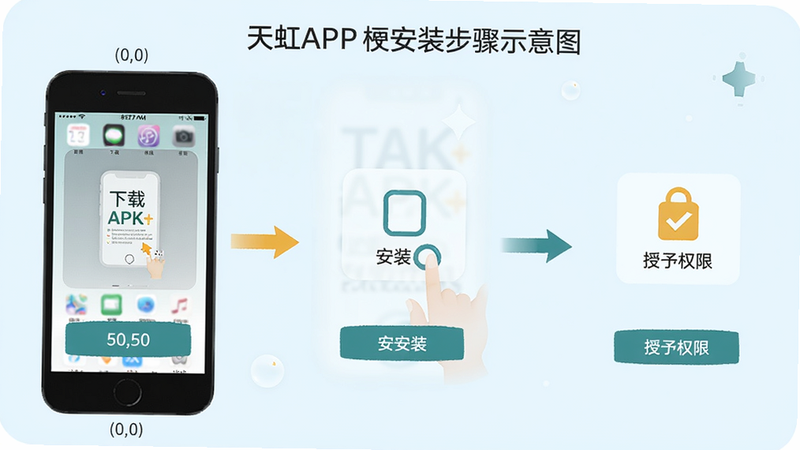 ���APP��װ����ʾ��ͼ����ʾ�ֻ�����APK�ļ��������װ������Ȩ�޵����̣�����Ϊǳ��ɫ�����꣺(0,0)�ֻ���Ļ��(50,50)��װ��ť����ɫ������#E0F7FA, #00796B, #FFB300