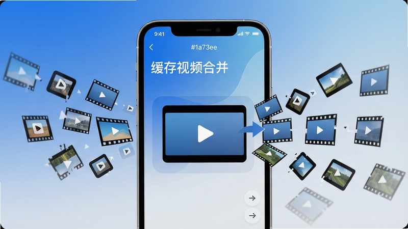 ��������չʾһ���ֻ����棬��Ļ����ʾ��������Ƶ�ϲ���App�����棬����Ϊ����ɫ�Ƽ�����ǳ���ںϣ���ɫ������#1a73e8��#f0f4ff��#ffffff��#333333���ֻ�������������ɢ����Ƶ��Ƭͼ���۵���Ļ�����γ�������Ƶ����������ˬ��ࡣ