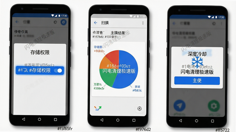 A step-by-step tutorial screenshot collage showing three panels: left panel shows the permission granting interface on an Android phone (with '�洢Ȩ��' toggle highlighted), middle panel shows the main scan result screen with colorful pie chart, right panel shows the '�����ȴ' mode enabled. The background is plain white with subtle shadows. The colour_palette is #ffffff, #f5f5f5, #1976d2, #388e3c, #ff5722. The app name �����������ٰ� appears as a watermark on each panel.