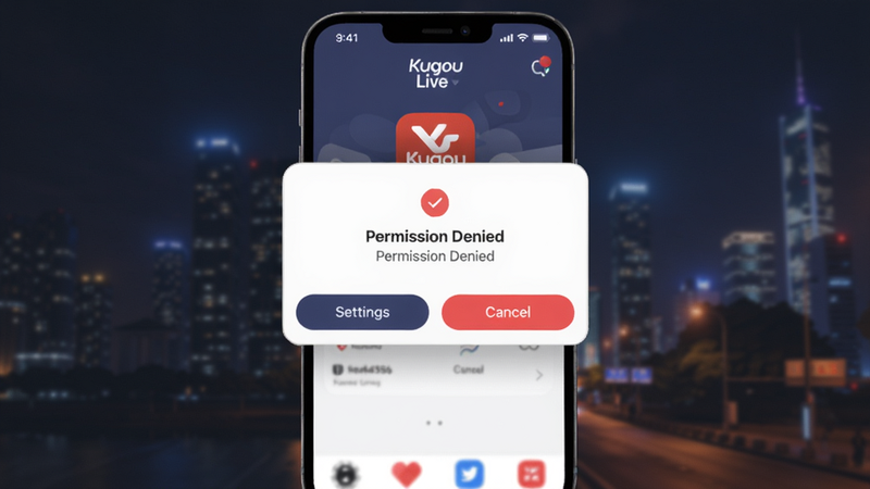 A smartphone showing the Kugou Live app with a 'Permission Denied' dialog, with buttons 'Settings' and 'Cancel'. Background is a blurred cityscape at night. Colour palette: #1a1a2e, #16213e, #e94560, #0f3460. Coordinate: dialog at center. Use ideogram-4 style.
