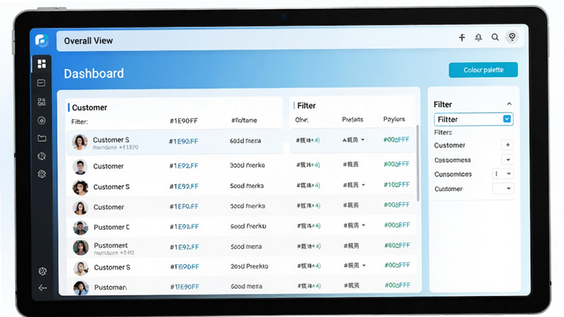 software��׼��Դ overall view, main interface showing data dashboard with customer list and filter options, background in gradient blue and white, colour_palette (#1E90FF, #F0F8FF, #333333, #00BFFF)