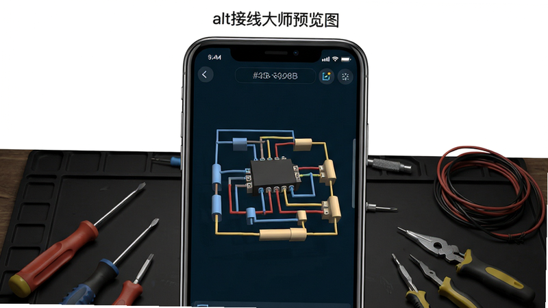 接线大师软件主界面预览,展示一个清晰的手机屏幕,屏幕内显示三维电路接线图,背景为深色工作台,配有螺丝刀、电线等工具。色彩方案:#2c3e50 #3498db #ecf0f1 #e74c3c #f1c40f。坐标居中,背景区域上方留白。alt=