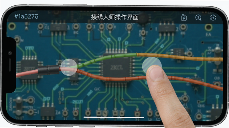 接线大师操作界面截图,展示手机屏幕上正在连接两根导线,手指点按,背景为电路板图案。坐标居中偏左,配色:#1a5276 #2ecc71 #f39c12 #e67e22 #bdc3c7。alt=