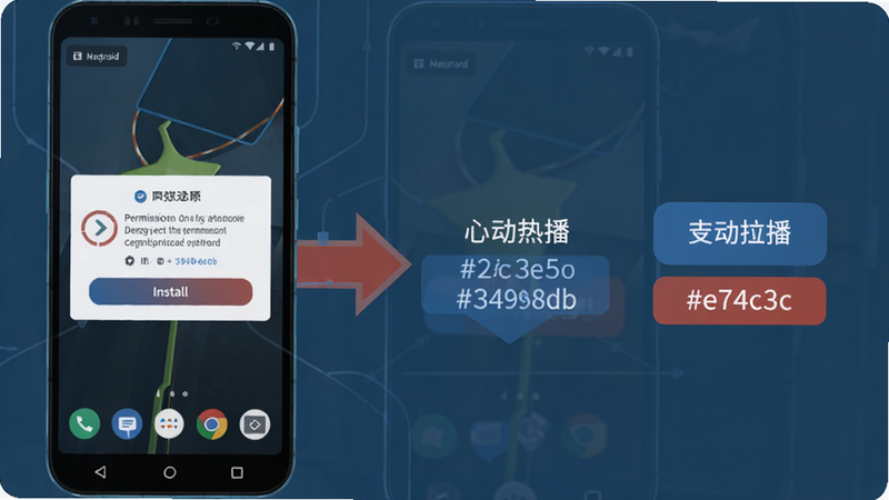 A step-by-step guide illustration of installing �Ķ��Ȳ� on Android phone, showing permission dialog, install button, with color palette #2c3e50, #3498db, #e74c3c, #ecf0f1. Coordinate: left side phone screen, right side arrows.