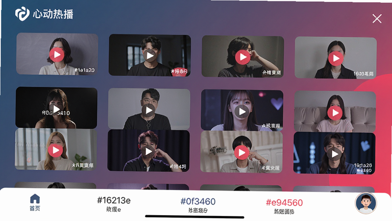 A full-screen interface of �Ķ��Ȳ� app showing a grid of video thumbnails, with a navigation bar at bottom, color palette #1a1a2e, #16213e, #0f3460, #e94560, main content area centered, background gradient. Coordinate: top left logo, bottom right user avatar.