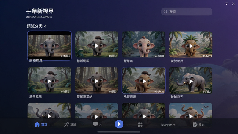 小象新视界主界面预览图,屏幕中央显示视频分类网格,右上角搜索框,底部导航栏,背景使用深蓝到紫渐变配色#0f0c29,#302b63,#24243e,适配ideogram-4模型