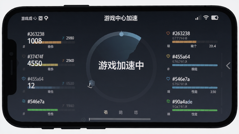 手机屏幕显示游戏中心加速界面,中间有“游戏加速中”字样,周围有帧率显示和性能监控,背景为暗色,colour_palette: #263238, #37474f, #455a64, #546e7a, #90a4ae